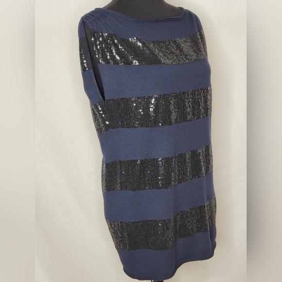 Alice + Olivia Navy Blue Wool and Black Sequin Striped Sleeveless Sweater Size L - Picture 4 of 9